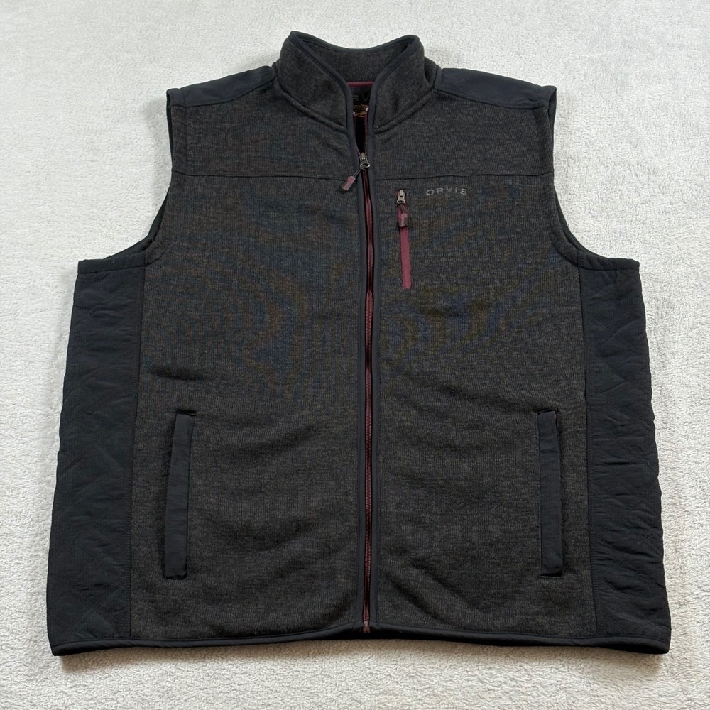 Orvis Mens XXL Mixed Media Full Zip Vest Gray Black Sweater Knit Quilted Panels